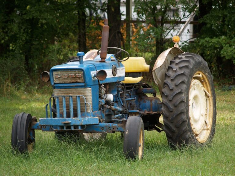 Um Trator Azul Velho Sentado Na Grama pp79LR2fA0