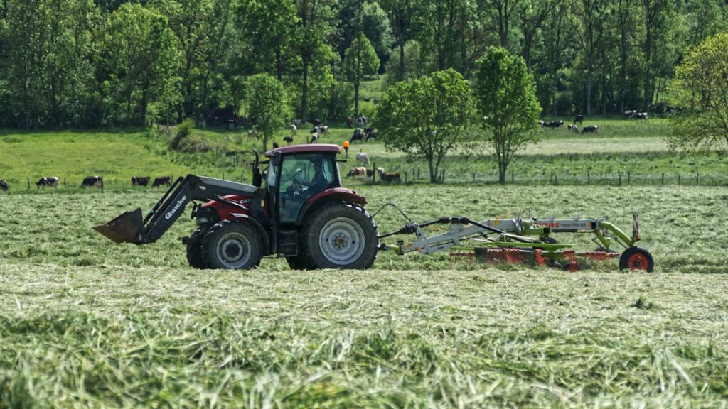 Trator Vermelho Com Acessorio Agricola No Campo Durante O Dia RAKp hVgjdE