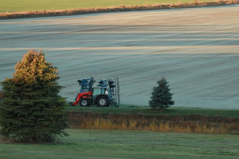 Trator Pulverizando Um Campo Com Duas Arvores Perenes ZiW1KUQG5Ng